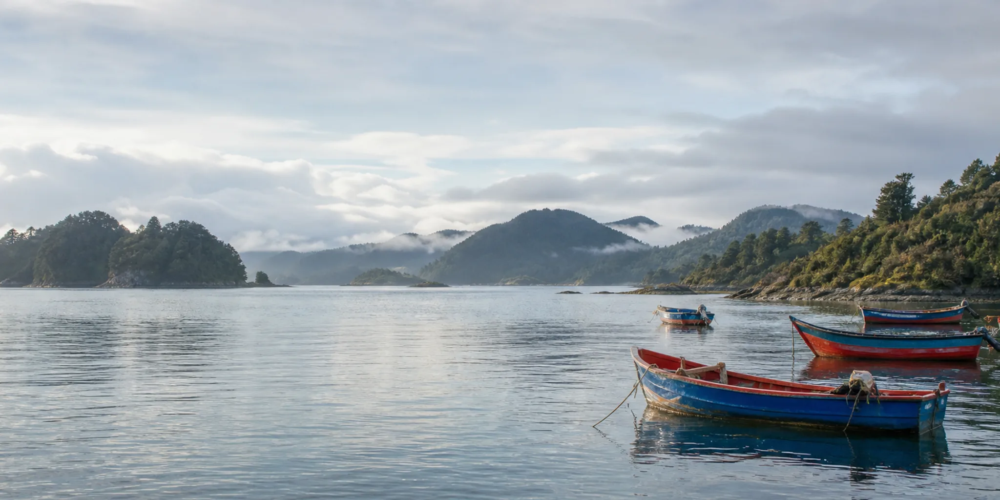 Lanchas tradicionales navegando en el mar de Chiloé